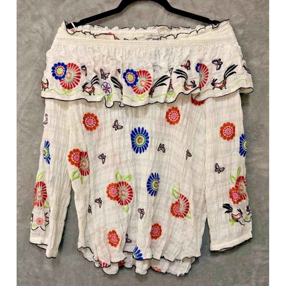 John Mark White Cotton Embroidered Off The Shoulder Blouse Sz Large Butterfly